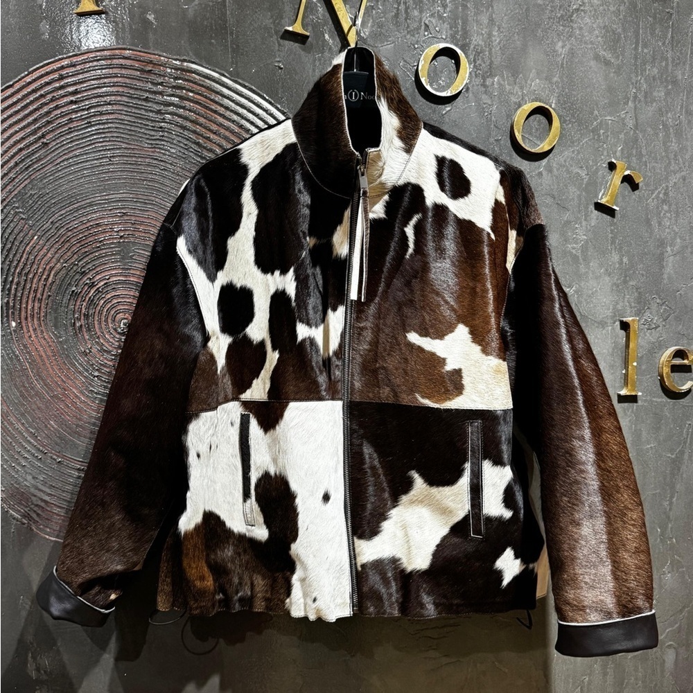 NWT Women's cow print calf hair western Brown and White genuine leather Jacket - Picture 5 of 15